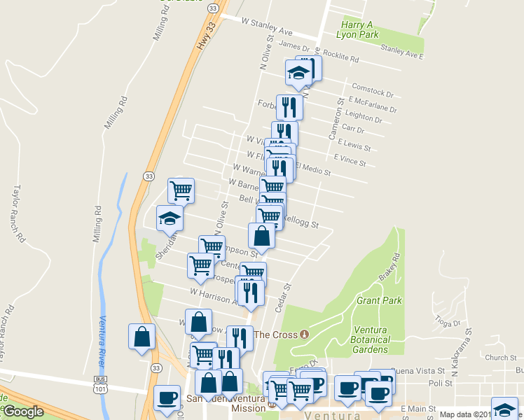 map of restaurants, bars, coffee shops, grocery stores, and more near 44 Bell Way in Ventura