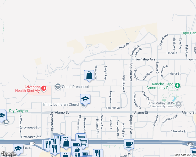 map of restaurants, bars, coffee shops, grocery stores, and more near 3060 Bianca Circle in Simi Valley