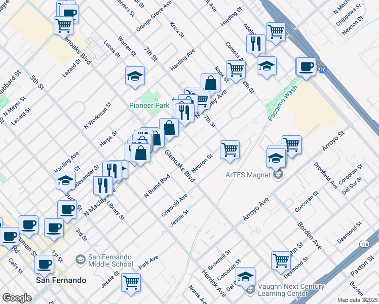 map of restaurants, bars, coffee shops, grocery stores, and more near 920 Lucas Street in San Fernando