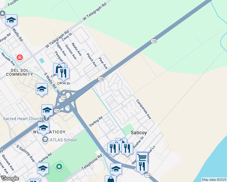 map of restaurants, bars, coffee shops, grocery stores, and more near 11405 Darling Road in Ventura