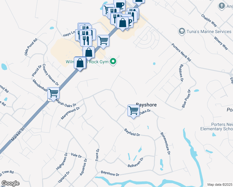 map of restaurants, bars, coffee shops, grocery stores, and more near 307 Marsh Oaks Drive in Wilmington