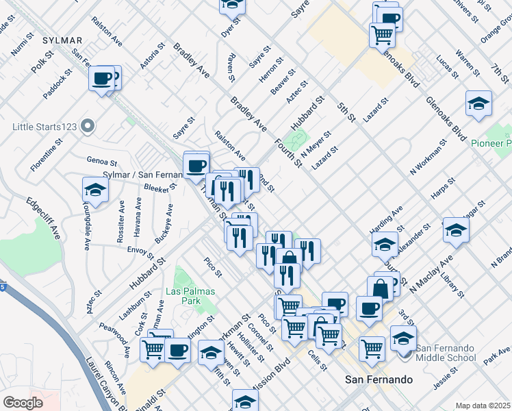 map of restaurants, bars, coffee shops, grocery stores, and more near 1950 2nd Street in San Fernando