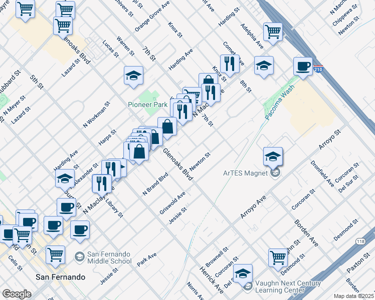 map of restaurants, bars, coffee shops, grocery stores, and more near 920 Lucas Street in San Fernando
