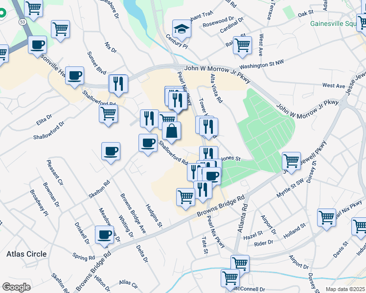 map of restaurants, bars, coffee shops, grocery stores, and more near 10 Jones Street in Gainesville