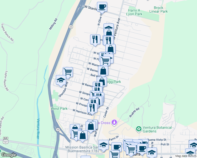 map of restaurants, bars, coffee shops, grocery stores, and more near 44 Bell Way in Ventura