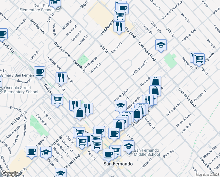 map of restaurants, bars, coffee shops, grocery stores, and more near 428 Fermoore Street in San Fernando