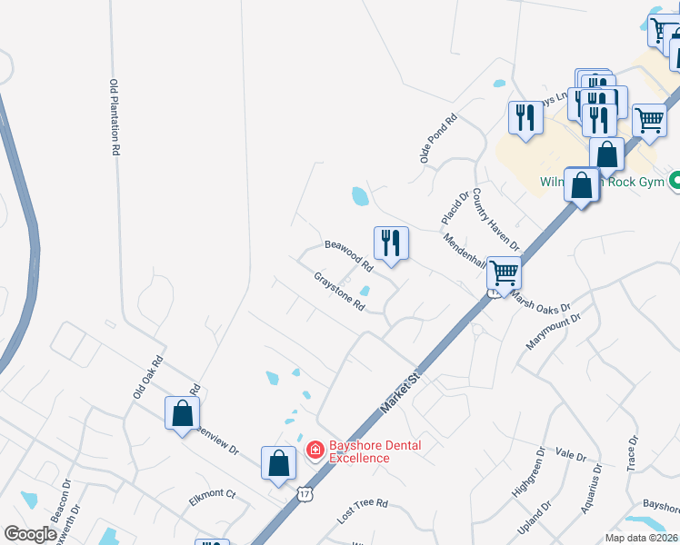 map of restaurants, bars, coffee shops, grocery stores, and more near 7813 Archdale Road in Wilmington
