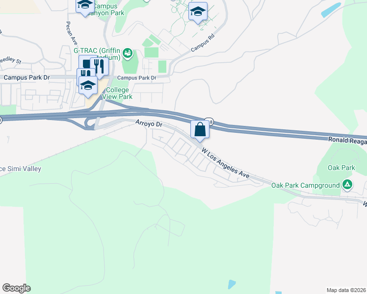 map of restaurants, bars, coffee shops, grocery stores, and more near 15750 Arroyo Drive in Moorpark