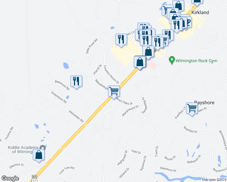 map of restaurants, bars, coffee shops, grocery stores, and more near 112 Mendenhall Drive in Wilmington