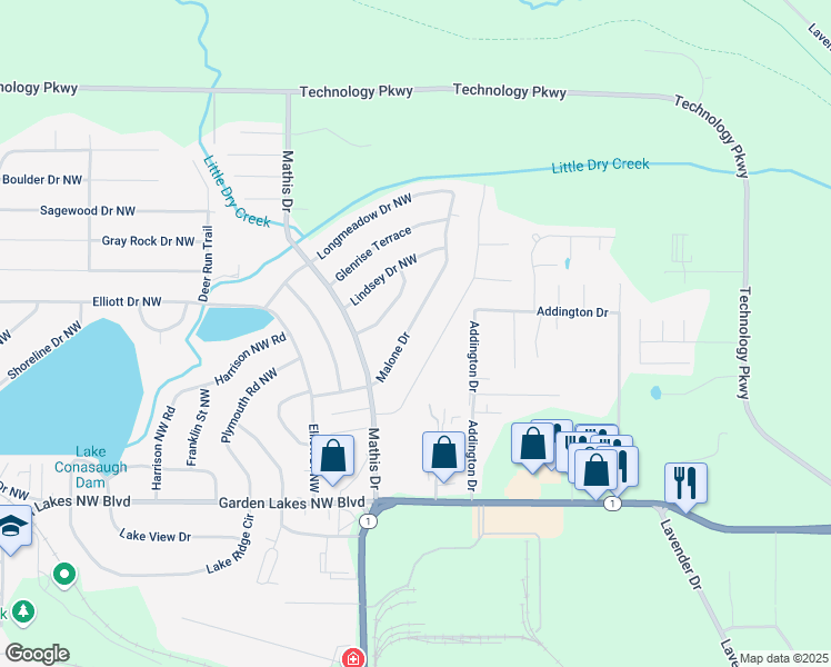 map of restaurants, bars, coffee shops, grocery stores, and more near 122 Malone Drive in Rome
