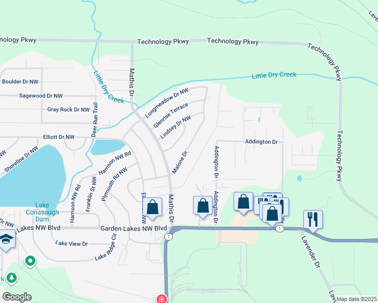 map of restaurants, bars, coffee shops, grocery stores, and more near 122 Malone Drive in Rome
