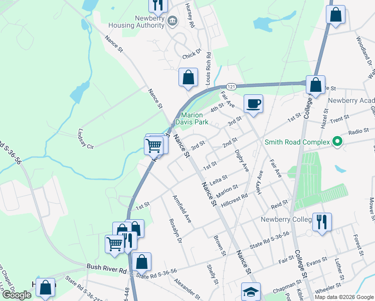 map of restaurants, bars, coffee shops, grocery stores, and more near 1207 3rd Street in Newberry