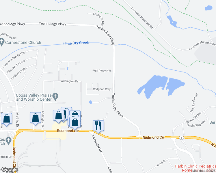 map of restaurants, bars, coffee shops, grocery stores, and more near 279 Technology Parkway in Rome
