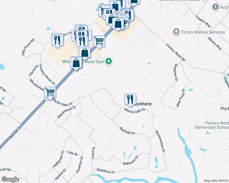 map of restaurants, bars, coffee shops, grocery stores, and more near 307 Marsh Oaks Drive in Wilmington