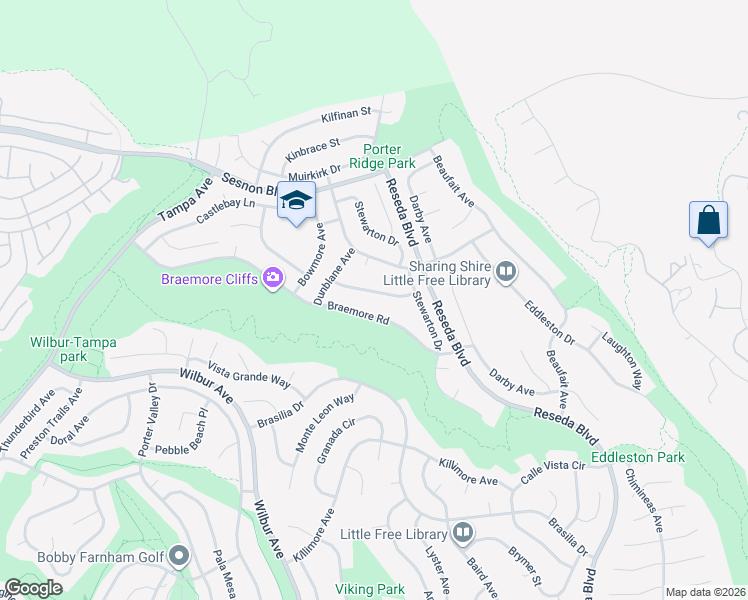 map of restaurants, bars, coffee shops, grocery stores, and more near 18833 Killoch Way in Los Angeles