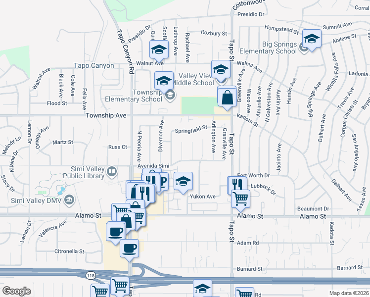 map of restaurants, bars, coffee shops, grocery stores, and more near 3050 Cicero Court in Simi Valley