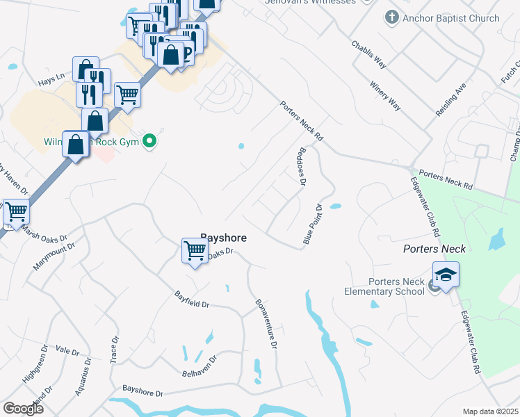 map of restaurants, bars, coffee shops, grocery stores, and more near 616 Kauri Street in Wilmington