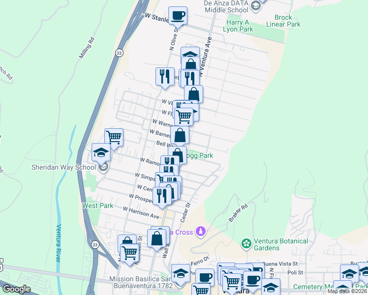 map of restaurants, bars, coffee shops, grocery stores, and more near 852 North Ventura Avenue in Ventura