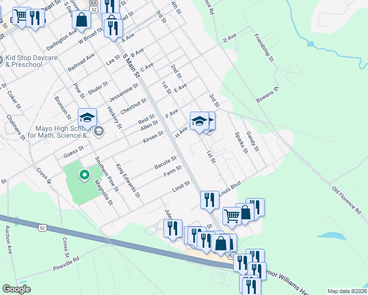 map of restaurants, bars, coffee shops, grocery stores, and more near 106 McInnis Street in Darlington