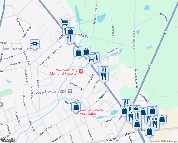 map of restaurants, bars, coffee shops, grocery stores, and more near 1821 Wilson Road in Newberry