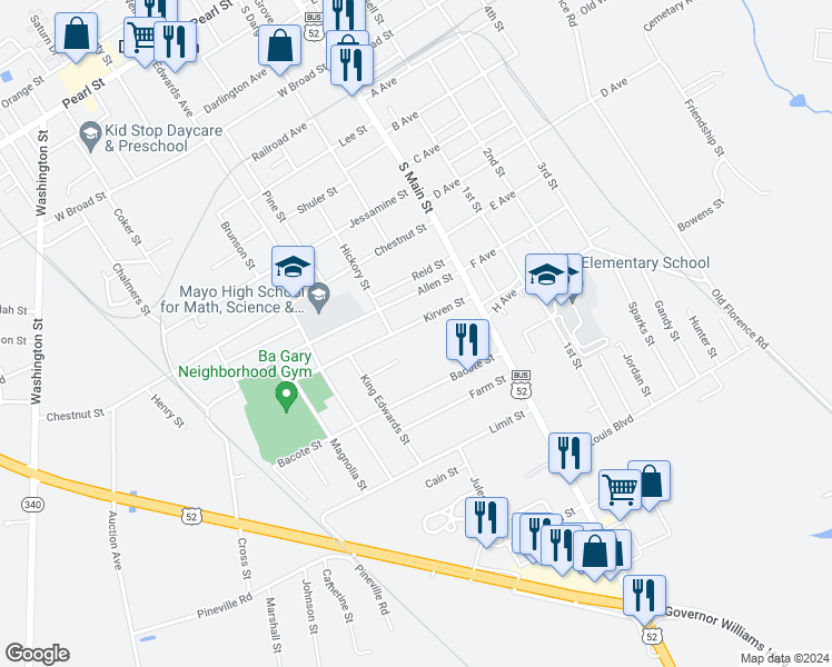map of restaurants, bars, coffee shops, grocery stores, and more near 122 Kirven Street in Darlington