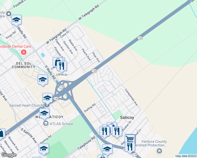 map of restaurants, bars, coffee shops, grocery stores, and more near 133 Geranium Way in Ventura