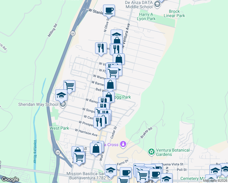 map of restaurants, bars, coffee shops, grocery stores, and more near 852 North Ventura Avenue in Ventura