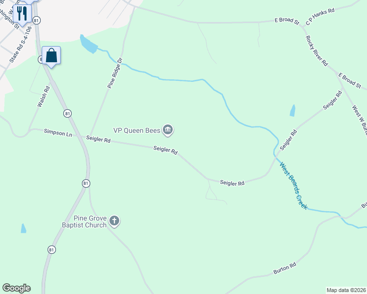 map of restaurants, bars, coffee shops, grocery stores, and more near 431 Seigler Road in Iva