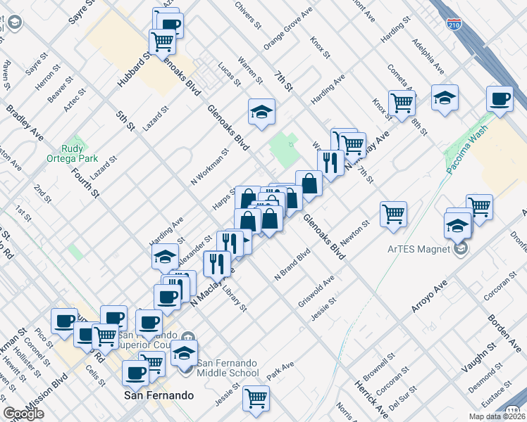 map of restaurants, bars, coffee shops, grocery stores, and more near 713 North Hagar Street in San Fernando