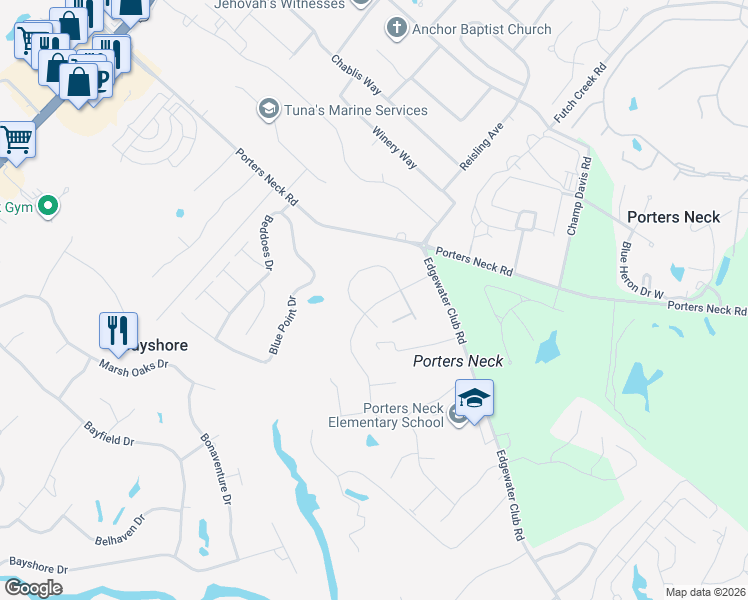 map of restaurants, bars, coffee shops, grocery stores, and more near 802 Porters Neck Road in Wilmington