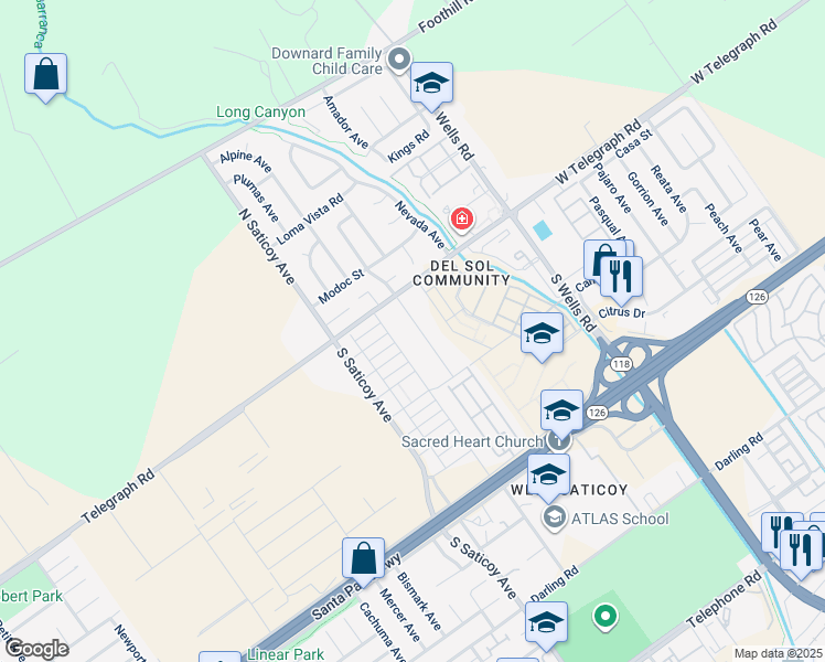 map of restaurants, bars, coffee shops, grocery stores, and more near 115 South Linden Drive in Ventura