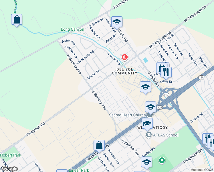 map of restaurants, bars, coffee shops, grocery stores, and more near 90 Los Altos Street in Ventura
