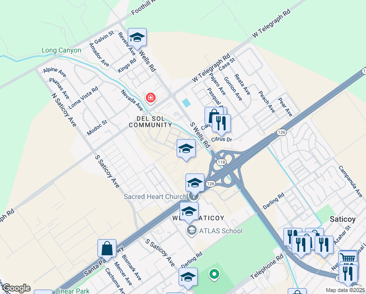 map of restaurants, bars, coffee shops, grocery stores, and more near 10895 Carlos Street in Ventura