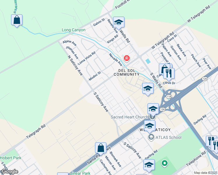 map of restaurants, bars, coffee shops, grocery stores, and more near 90 Los Altos Street in Ventura