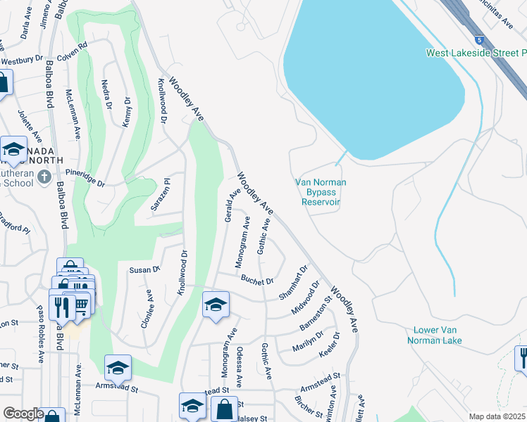 map of restaurants, bars, coffee shops, grocery stores, and more near 12215 Woodley Avenue in Los Angeles
