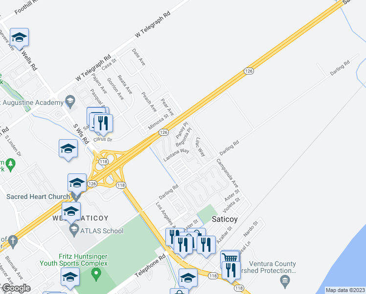 map of restaurants, bars, coffee shops, grocery stores, and more near 11405 Darling Road in Ventura