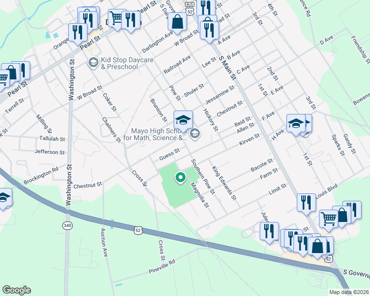 map of restaurants, bars, coffee shops, grocery stores, and more near 104 Southern Pine Street in Darlington