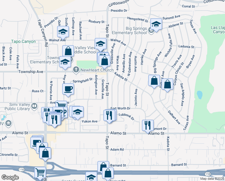 map of restaurants, bars, coffee shops, grocery stores, and more near 3091 Waco Avenue in Simi Valley