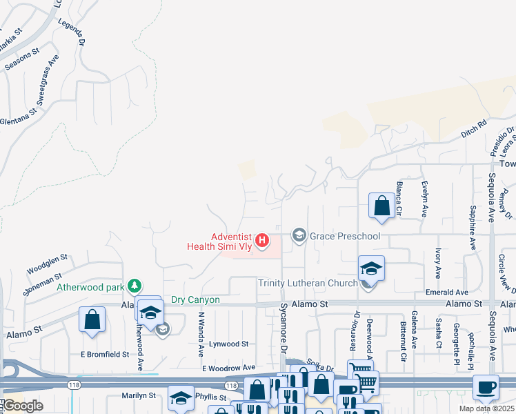 map of restaurants, bars, coffee shops, grocery stores, and more near 3086 Anderson Drive in Simi Valley