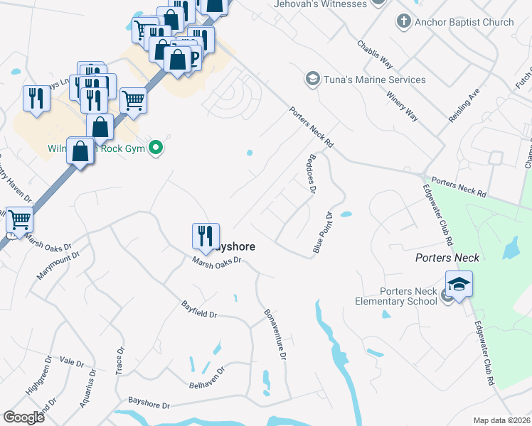 map of restaurants, bars, coffee shops, grocery stores, and more near 604 Kauri Street in Wilmington
