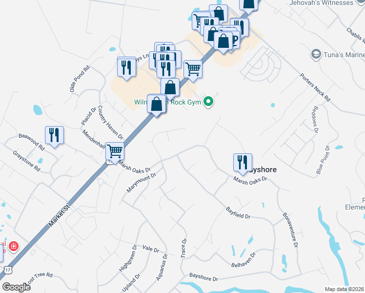 map of restaurants, bars, coffee shops, grocery stores, and more near 221 Marsh Oaks Drive in Wilmington