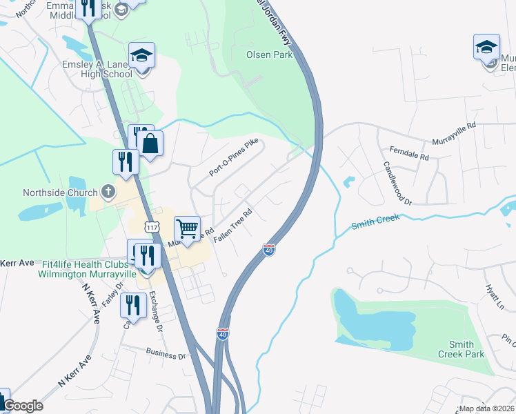 map of restaurants, bars, coffee shops, grocery stores, and more near 3605 Leaning Tree Court in Wilmington