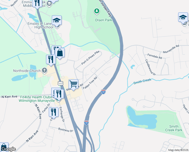 map of restaurants, bars, coffee shops, grocery stores, and more near 5807 Murrayville Road in Wilmington