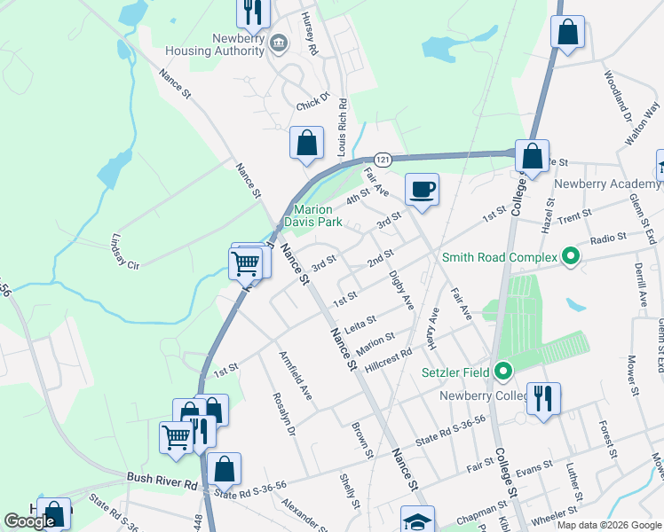 map of restaurants, bars, coffee shops, grocery stores, and more near 1207 3rd Street in Newberry