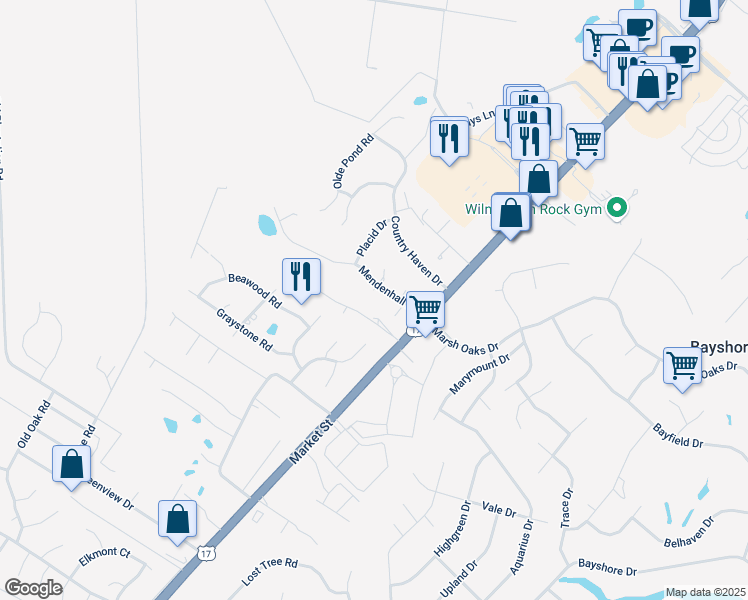 map of restaurants, bars, coffee shops, grocery stores, and more near 129 Mendenhall Drive in Wilmington
