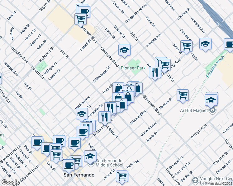 map of restaurants, bars, coffee shops, grocery stores, and more near in San Fernando