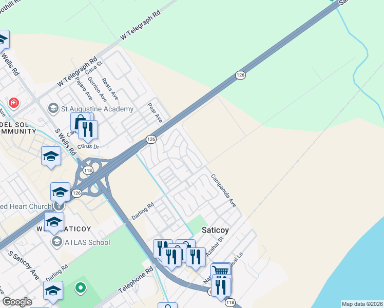 map of restaurants, bars, coffee shops, grocery stores, and more near 33 Heather Way in Ventura