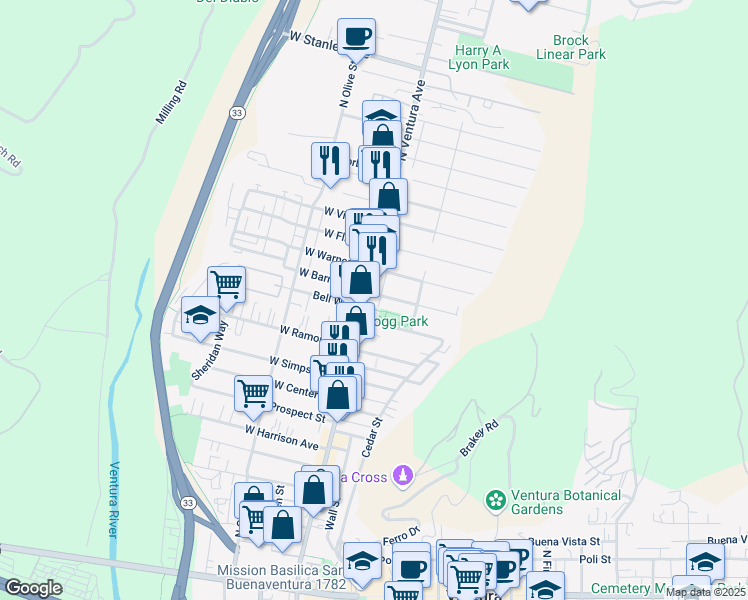 map of restaurants, bars, coffee shops, grocery stores, and more near 865 North Ventura Avenue in Ventura