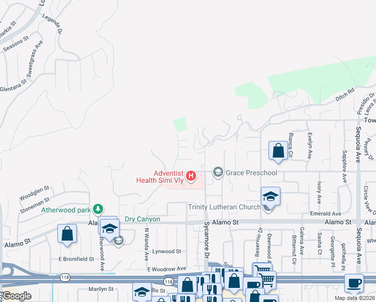 map of restaurants, bars, coffee shops, grocery stores, and more near 3086 Anderson Drive in Simi Valley