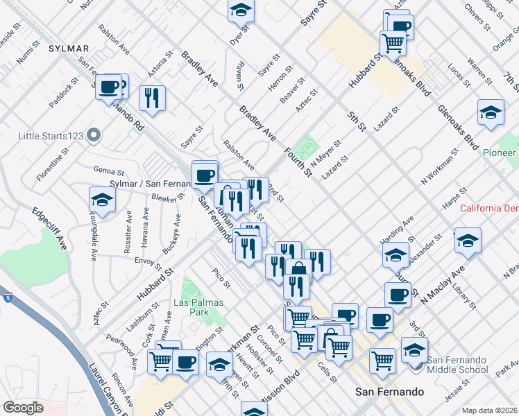 map of restaurants, bars, coffee shops, grocery stores, and more near 100 North Hubbard Avenue in San Fernando
